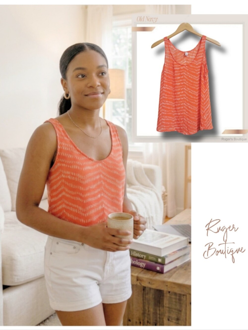 🌿Old Navy Women's Small Coral Orange Print Sheer Tank Top
